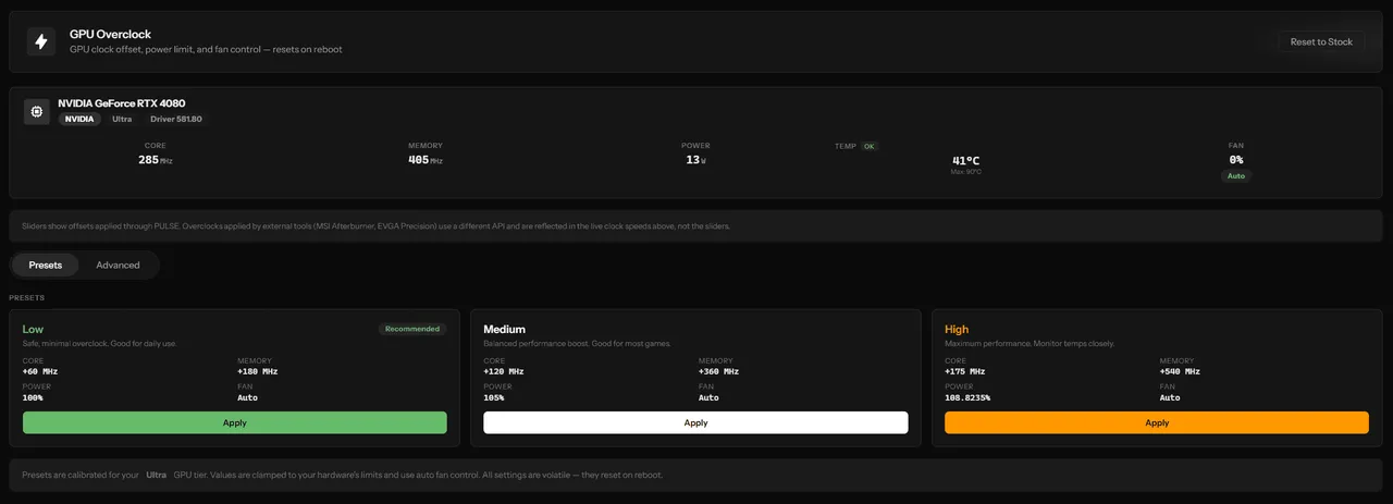 PULSE GPU overclock with NvAPI, ADL, ADLX presets and advanced mode
